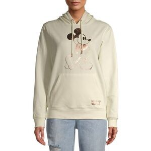 Disney Mickey Mouse Ivory Graphic Gold Foil Crew Neck Hooded Pullover Sweater